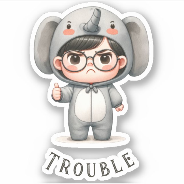 Cute "Boy In Elephant Suit/Trouble" Vinyl Sticker (Front)