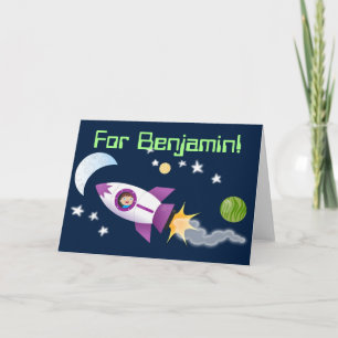 Cute boy in rocket ship cartoon illustration card
