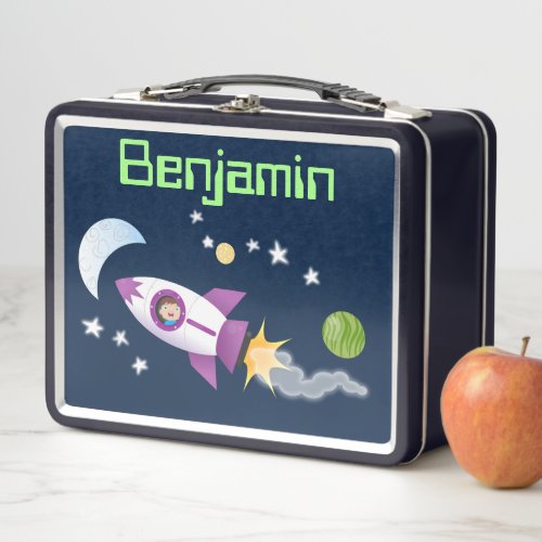 Cute boy in rocket ship cartoon illustration metal lunch box