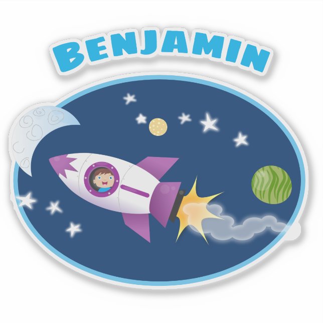 Cute boy in rocket ship cartoon illustration sticker (Front)