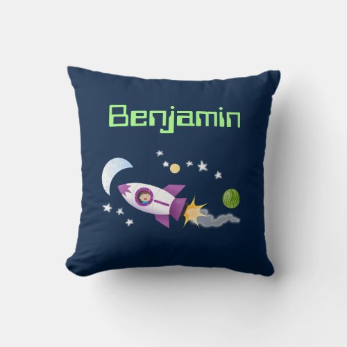 Cute boy in rocket ship cartoon illustration throw pillow