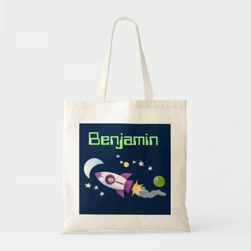 Cute boy in rocket ship cartoon illustration tote bag