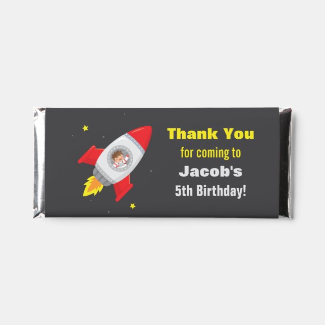 Cute Boy in Rocket Ship Space Birthday Party Hershey Bar Favors (Front)