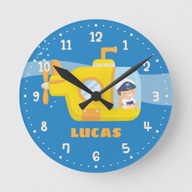 Cute Boy in Submarine Kids Name Room Wall Clock (Front)