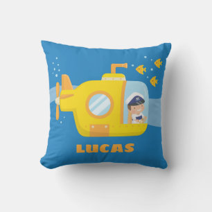 Cute Boy in Submarine Kids Room Decor Throw Pillow