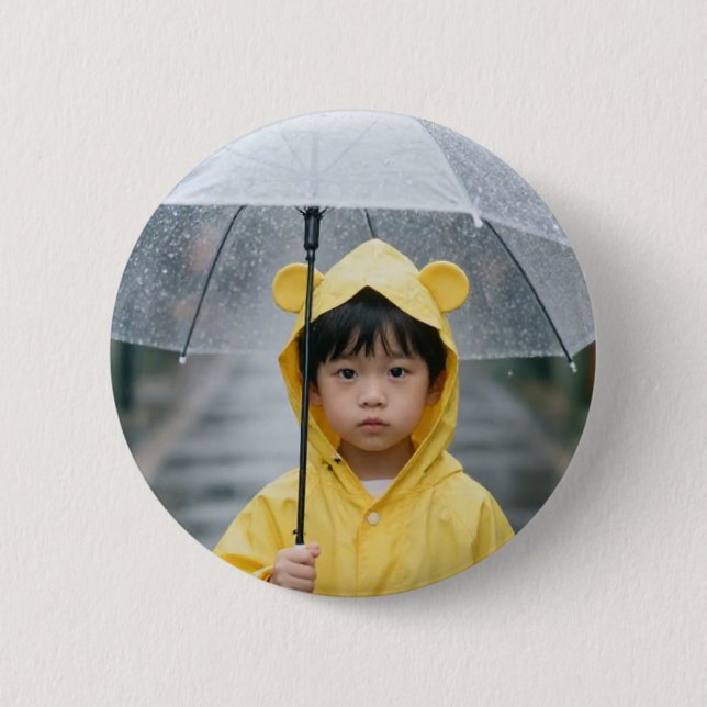 Cute Boy in Yellow Raincoat with Umbrella Aestheti Button (Front)