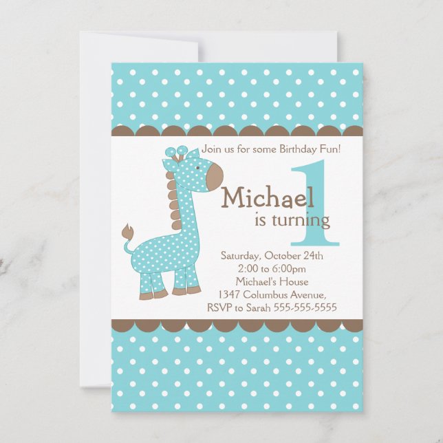 Cute Boy Jungle Safari Blue Giraffe Birthday Party Invitation (Front)
