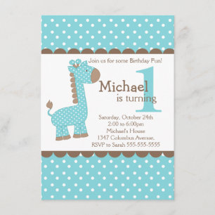 Cute Boy Jungle Safari Blue Giraffe Birthday Party Invitation