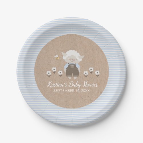 Cute Boy Lamb Blue Kraft Baby Shower Paper Plates