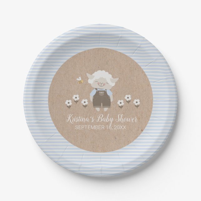 Cute Boy Lamb Blue Kraft Baby Shower Paper Plates (Front)