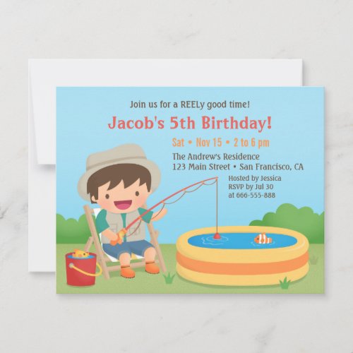 Cute Boy Loves Fishing Birthday Party Invitations