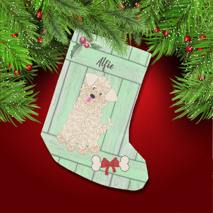 Cute Boy Maltipoo Green Wooden Fence Monogram Small Christmas Stocking