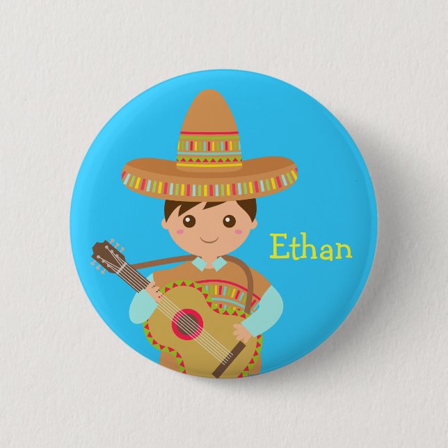 Cute boy Mexican Sombrero Hat Guitar Fiesta Button (Front)