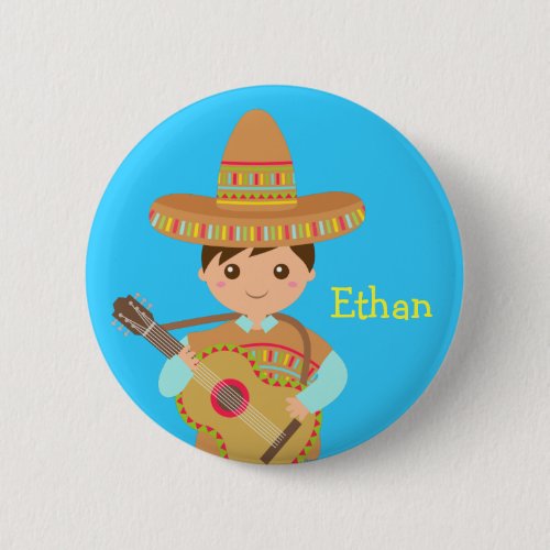 Cute boy Mexican Sombrero Hat Guitar Fiesta Button