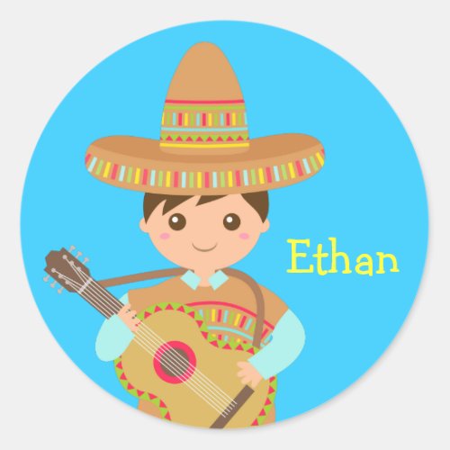 Cute boy Mexican Sombrero Hat Guitar Fiesta Classic Round Sticker