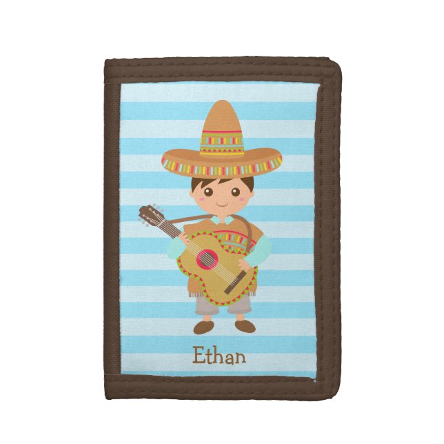 Cute boy Mexican Sombrero Hat Guitar Fiesta Trifold Wallet (Front Vertical)