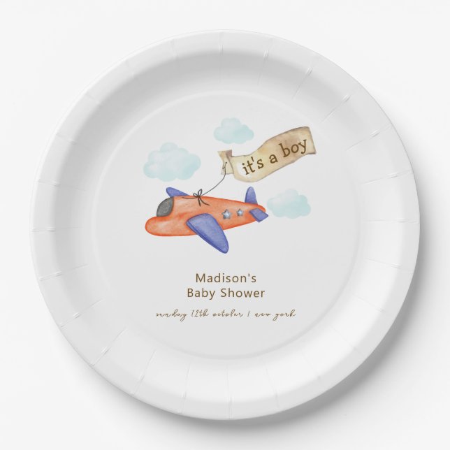 Cute Boy Minimal Aviator Airplane Baby Shower  Paper Plates (Front)