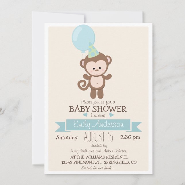 Cute Boy Monkey, Jungle Zoo Animal Baby Shower Invitation (Front)