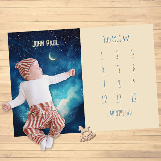 Cute Boy Moon and Stars Milestone Baby Blanket