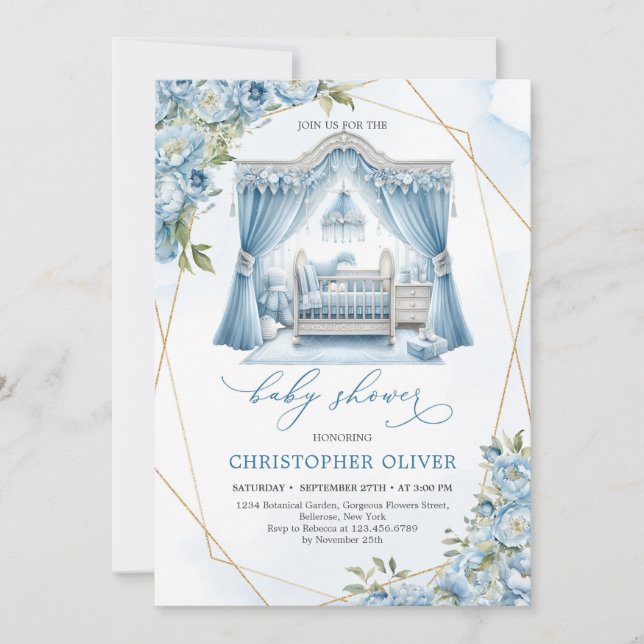Cute boy nook with baby crib dusty blue flowers invitation (Front)