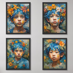 Cute Boy Oil Painting with Flowers and Leaves Wall Art Sets