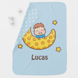 Cute Boy on the Moon Personalized Baby Blanket