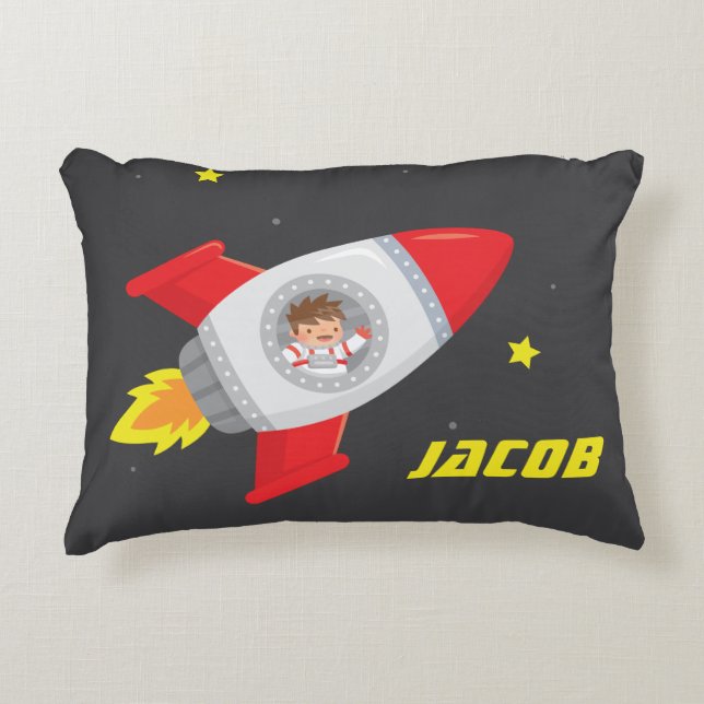 Cute Boy Outer Space Rocket Kids Bedroom Decor Accent Pillow (Front)