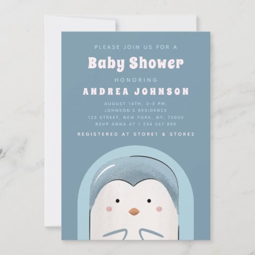 Cute Boy Penguin Cartoon Animal Winter Theme Blue  Invitation