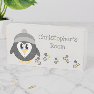 Cute boy penguin grey and yellow kids wooden box sign
