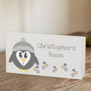 Cute boy penguin grey and yellow kids wooden box sign
