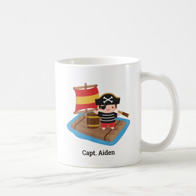Cute Boy Pirate Captain Wood Raft Kids Name Coffee Mug (Right)