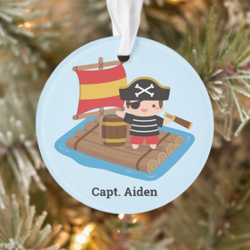 Cute Boy Pirate Captain Wood Raft Kids Name Ornament