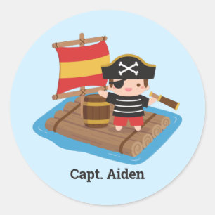 Cute Boy Pirate On Raft Kids Personalized Classic Round Sticker