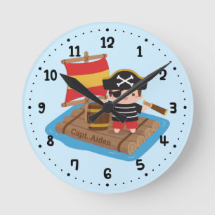 Cute Boy Pirate Set Sail Wooden Raft Kids Room Round Clock