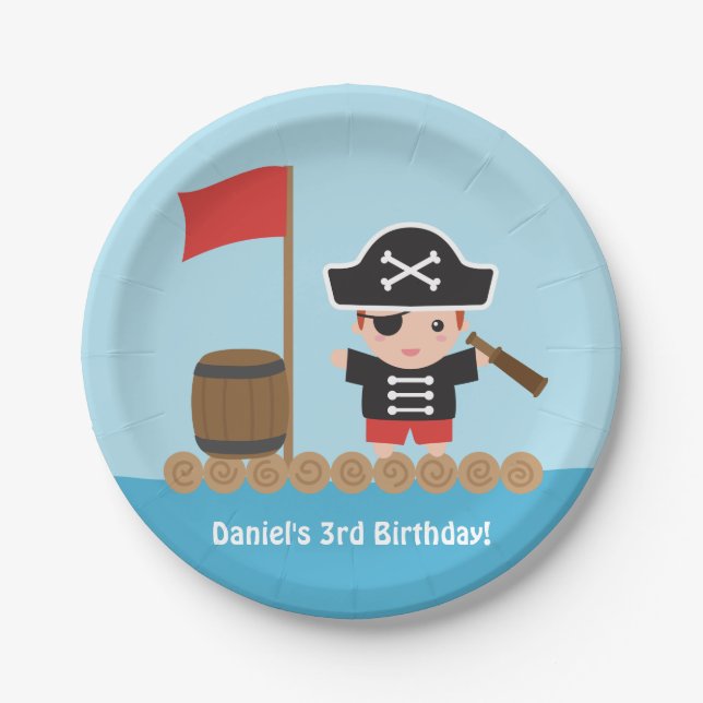 Cute Boy Pirate Treasure Hunt Birthday Party Paper Plates (Front)