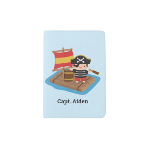 Cute Boy Pirate Wood Raft Kids Personalized Travel Passport Holder