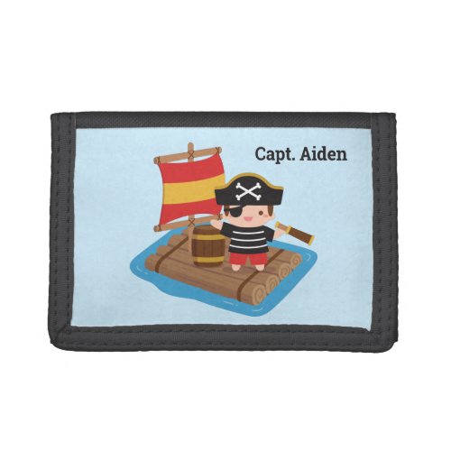 Cute Boy Pirate Wood Raft Kids Personalized Trifold Wallet