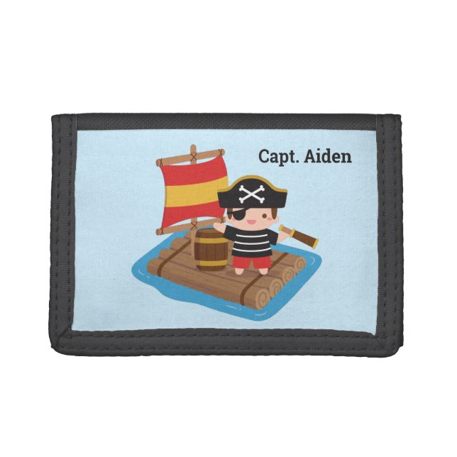 Cute Boy Pirate Wood Raft Kids Personalized Trifold Wallet (Front)