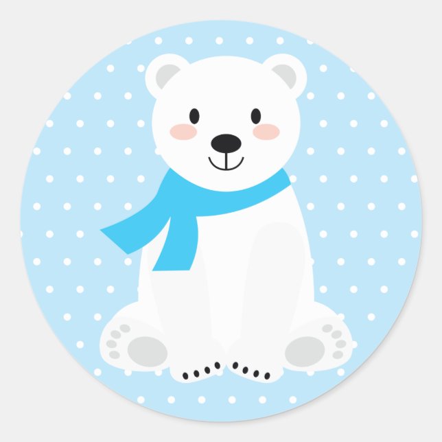 Cute Boy Polar Bear Baby Shower Blue Classic Round Sticker (Front)