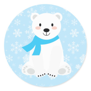 Cute Boy Polar Bear Winter Snowflake Blue Classic Round Sticker