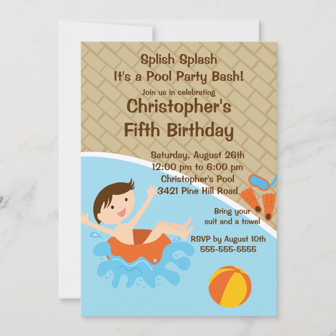 Cute Boy Pool Party Birthday Invitation Zazzle 1869