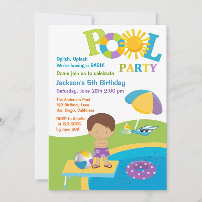 Cute Boy Pool Party Birthday Invitation (Front)