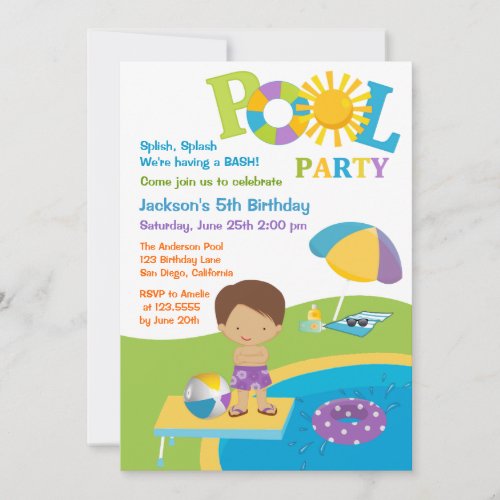 Cute Boy Pool Party Birthday Invitation