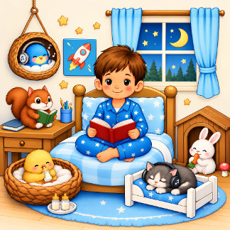 Cute Boy Reading | Woodland Animals Nursery Poster