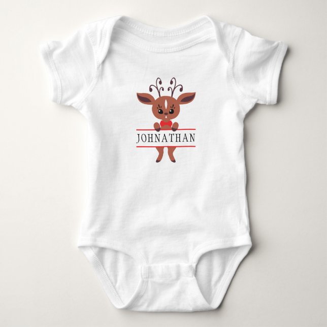 Cute Boy Reindeer Monogram Christmas Baby Bodysuit (Front)