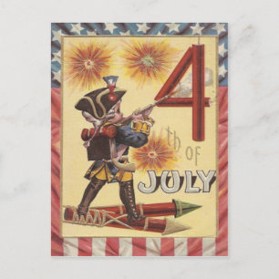 Cute Boy Revolutionary War Soldier Fireworks Postcard