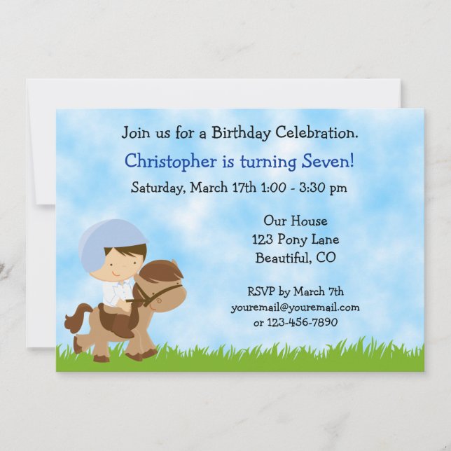 Cute Boy Riding a Brown Horse Birthday Invitation (Front)