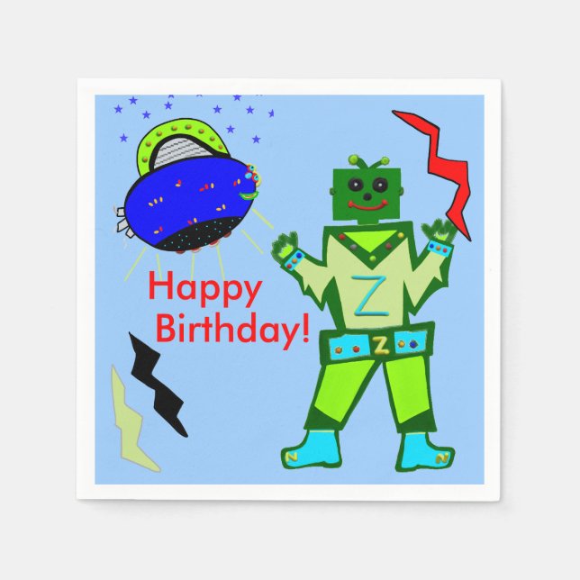 Cute Boy Robot Blue Spaceship Birthday Paper Napkins (Front)