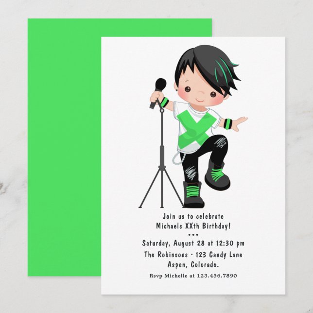 Cute Boy Rock Star Birthday Party Invitation (Front/Back)