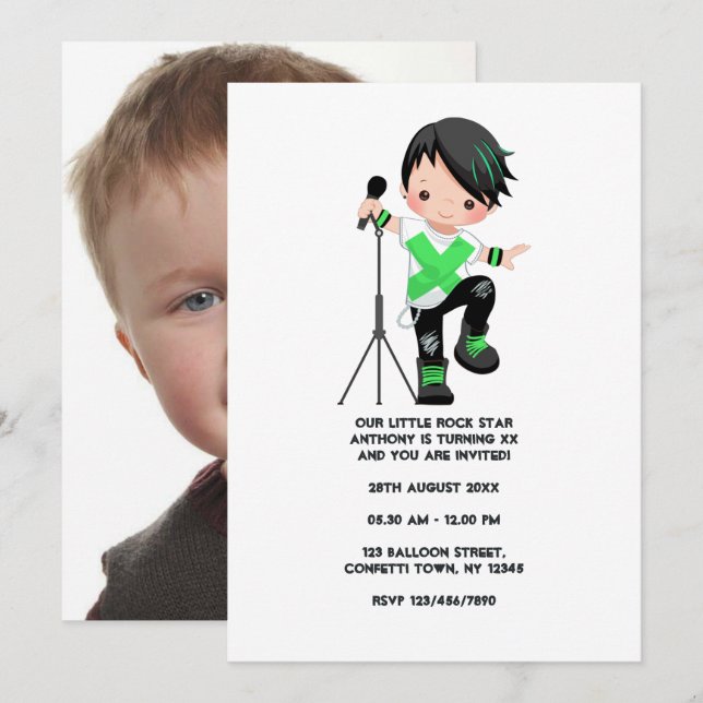 Cute Boy Rock Star Birthday Party Photo Invitation (Front/Back)